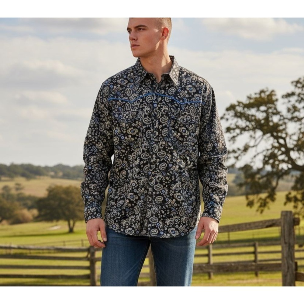 Cowboy Hardware Button Snap Long Sleeve Shirt Men's Large Blue Black Paisley EUC